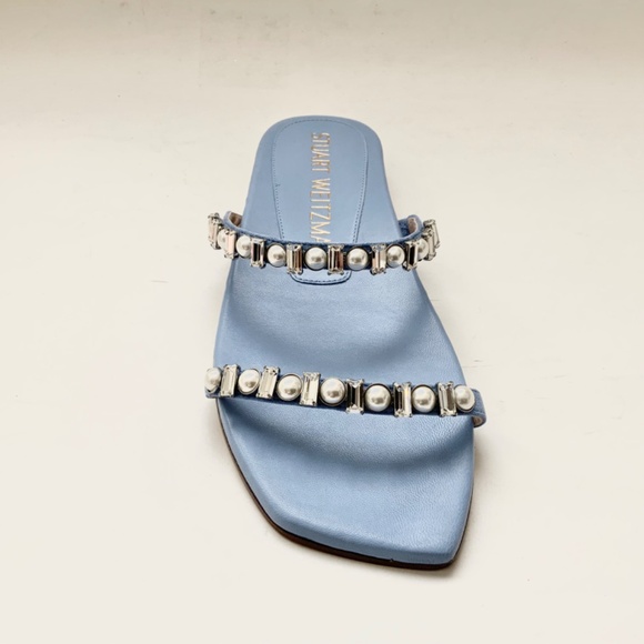 Stuart Weitzman Women's Aleena Shine Blue Leather Crystal Slide Flat Sandals 6.5 - Picture 7 of 11